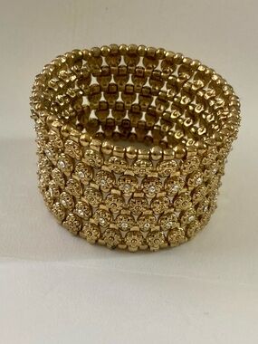 Antique Gold Floral Rhinestone Bead Embellished Wide Stretch Cuff Bracelet